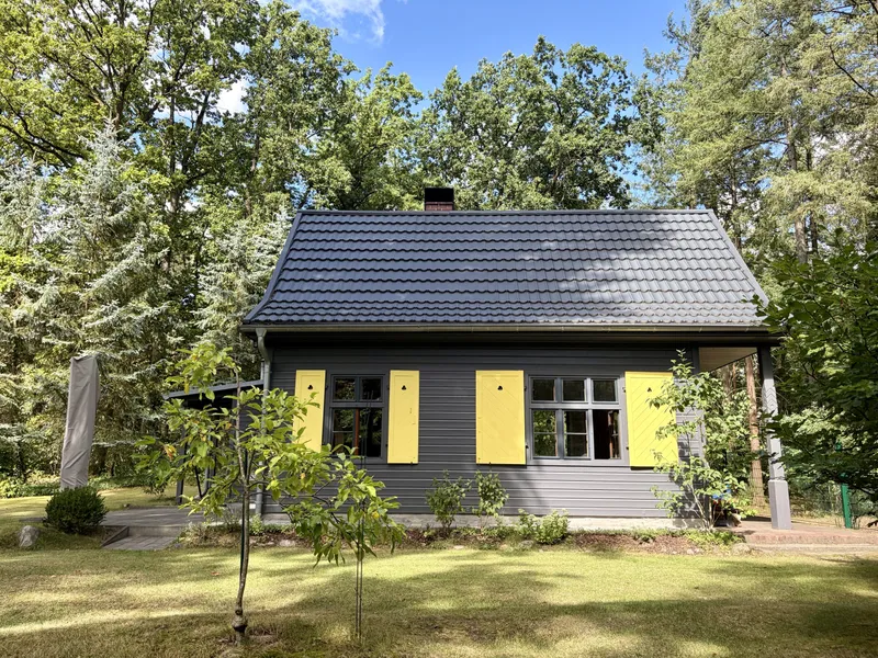 Holzhaus mit dunkelgrauer Fassade und gelben Fensterläden am Waldrand bei Zehdenick