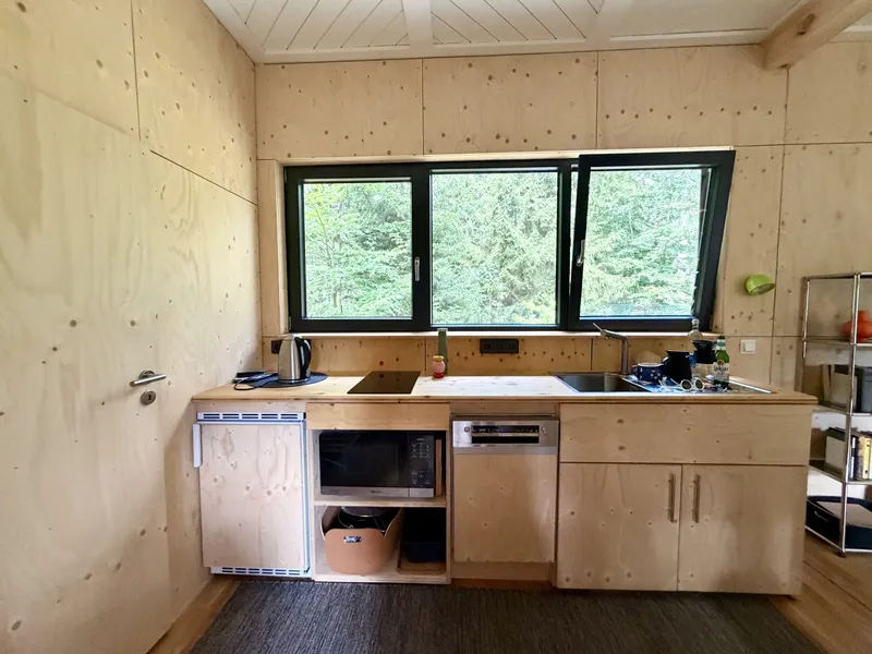 Küchenzeile unter einem Fensterband mit Blick in den Wald